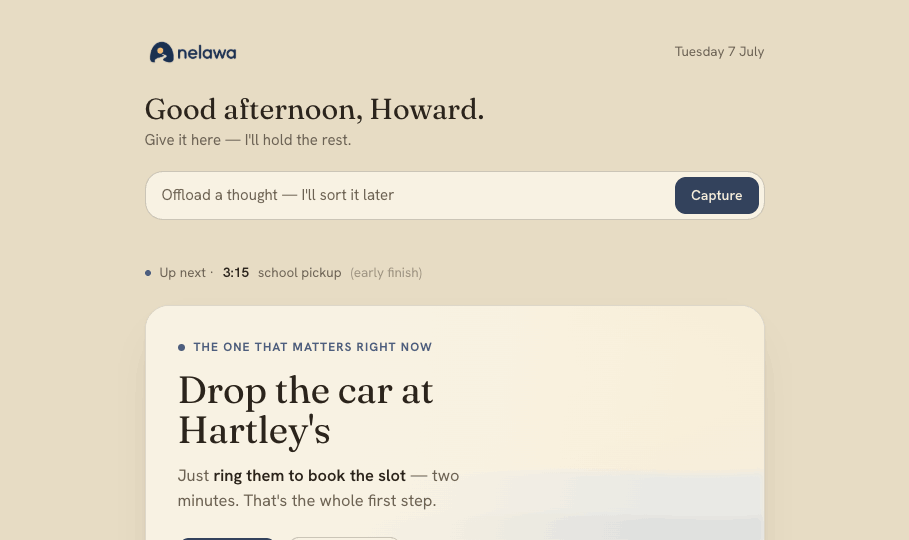 Nelawa's Today screen — one task that matters, with its small first step