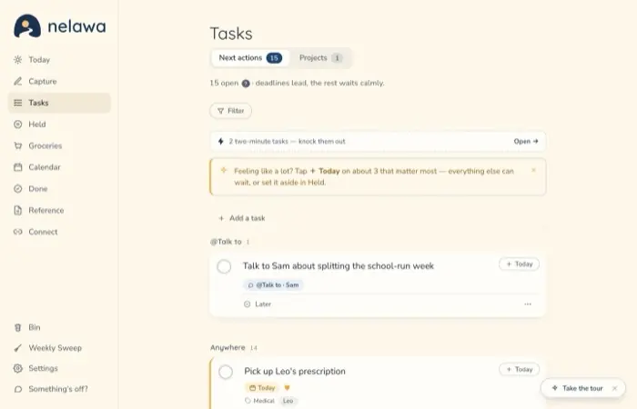 Nelawa's task list where deadlines lead with a calm amber edge and the rest waits