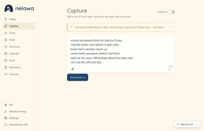 Nelawa's capture screen with a whole pile of thoughts typed in one go, ready to be sorted
